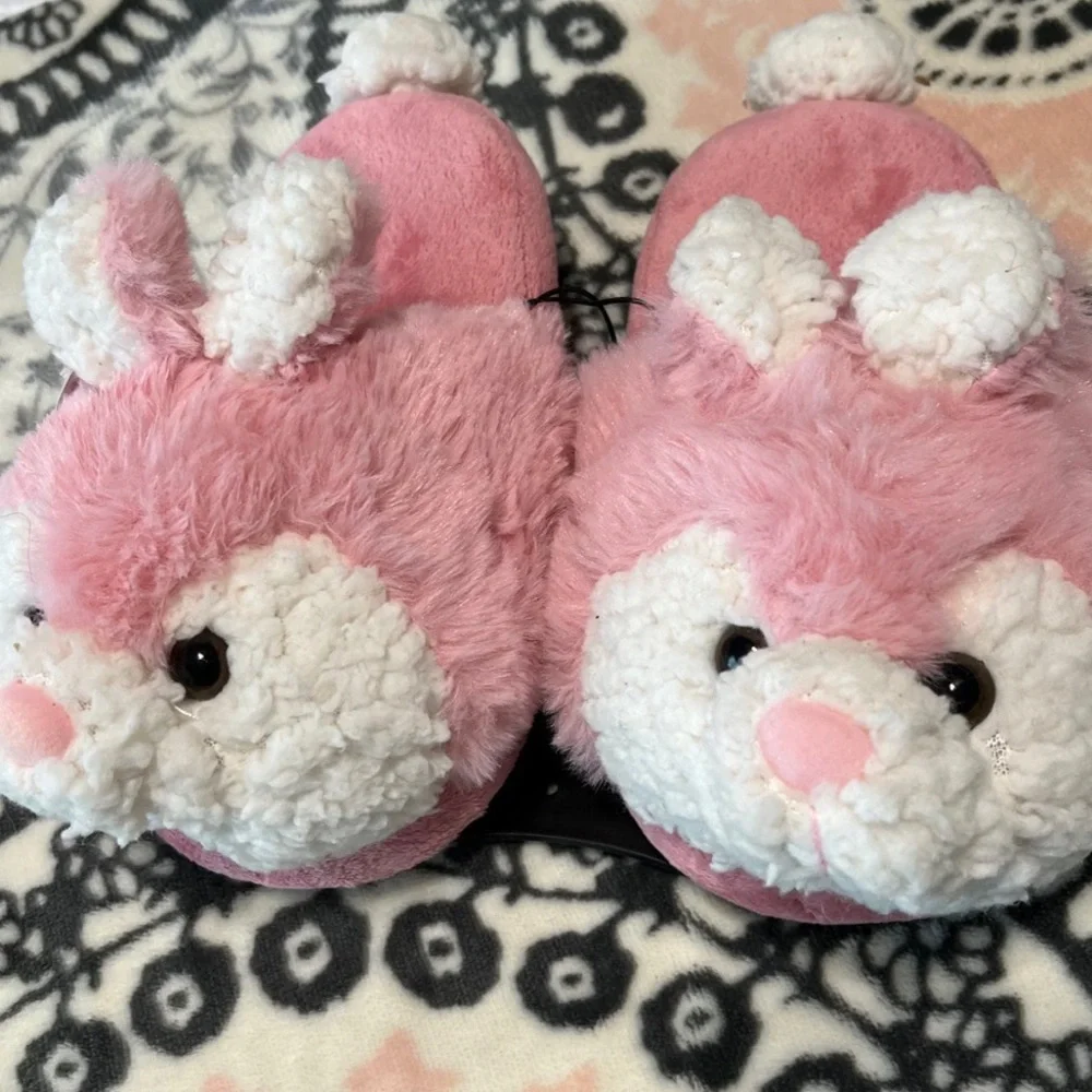 Pink Bunny Slippers Girls Plush House Shoes 11/12 New Comfy